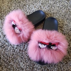 DOLLS KILL Pink Rabbit Fur Monster Sandal Slides Size 8